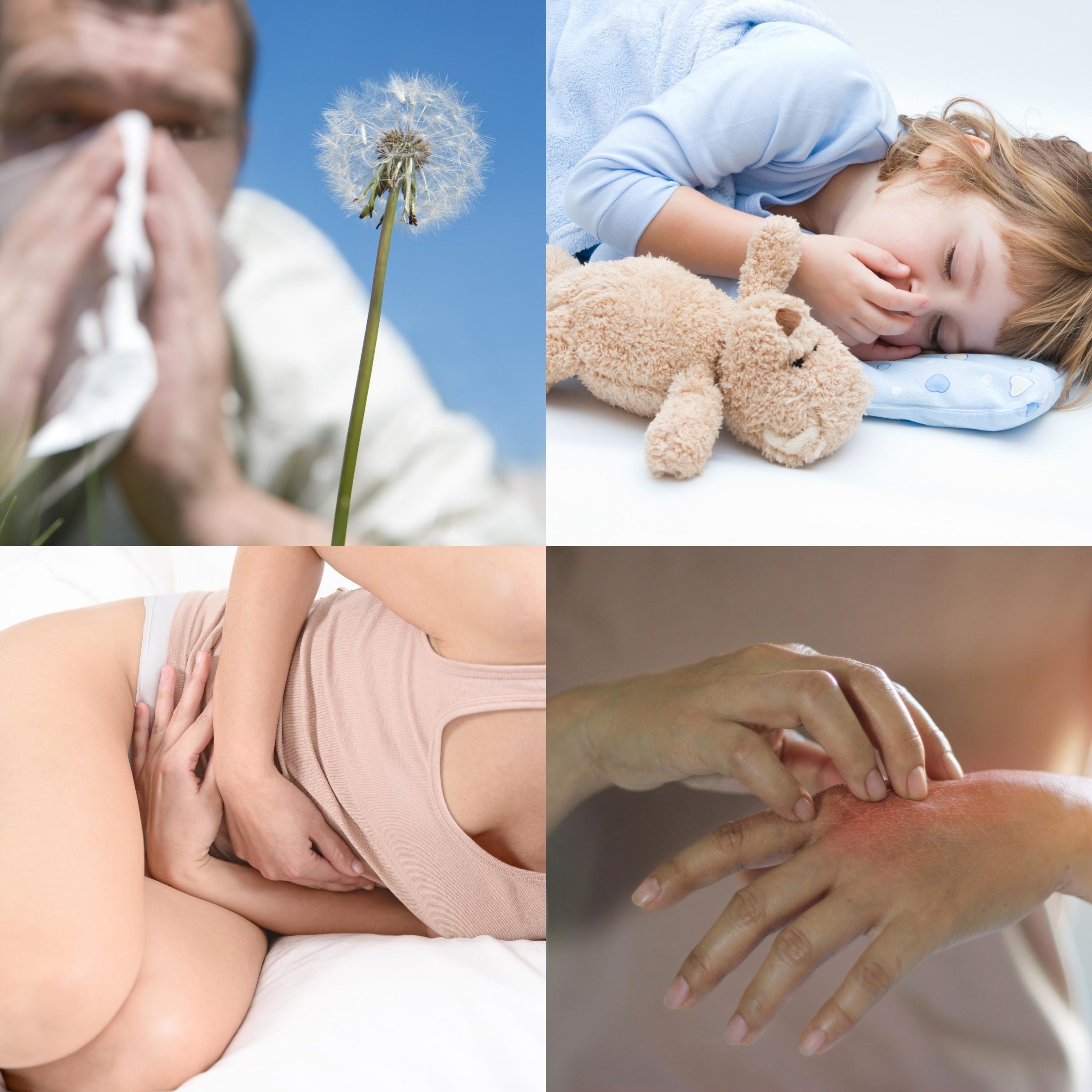 Illustration de quatre motifs fréquents de consultation en homéopathie classique : un homme souffrant d’allergies saisonnières (nez bouché, rhinite allergique), un enfant malade ou dormant mal (troubles du sommeil de l’enfant), une femme allongée avec douleurs abdominales (troubles hormonaux et menstruels), et une main grattant une peau rouge irritée (eczéma, dermatite atopique). Accompagnement structuré des troubles chroniques de l’enfant, de la femme et des trroubles ORL, cutanés et allergiques au cabinet HOMEOMED à Pully (Suisse).